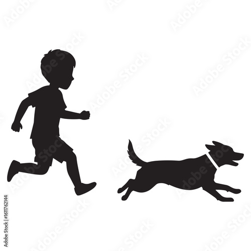 Silhouette of a boy running happily with a playful dog on a white background