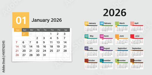 2026 calendar set with clean monthly layouts, weekday labels, corporate design template vector.