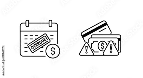 Calendar icon indicating overdue payment with credit cards and warning signs  