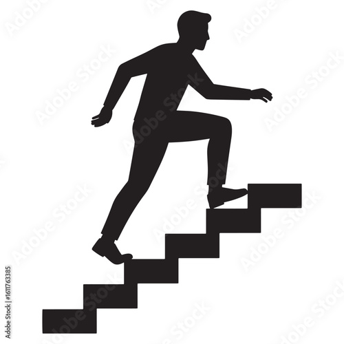 Silhouette of a man ascending stairs representing progress career development and ambition