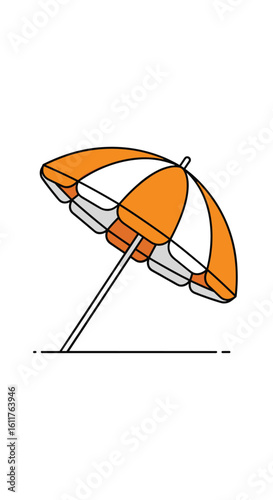 Brightly colored beach umbrella providing shade from intense summer sun on sandy shore