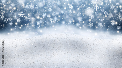 Winter scene with falling snowflakes over a snowy landscape.  Soft light, detailed snowflakes, and a gradual transition from the sky to snow