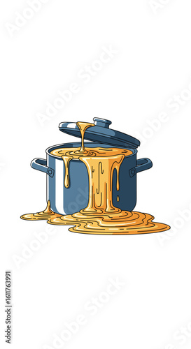 Delicious melted cheese overflowing from a blue cooking pot