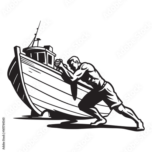 Strong man pushing a boat in black and white illustration depicting labor and effort