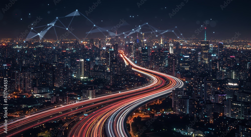 Fototapeta premium Illuminated cityscape at night with digital network overlay