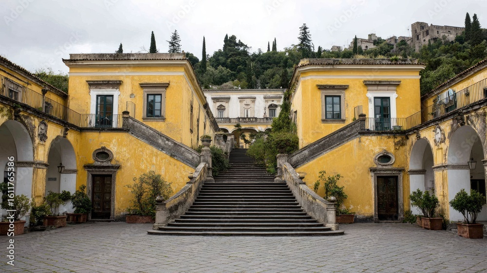 Fototapeta premium Yellow buildings with a grand staircase in an Italian courtyard.