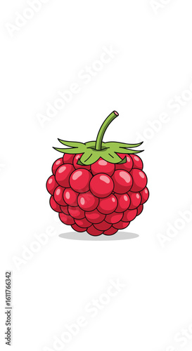 Vibrant pixel art raspberry fruit with green stem and leaves on white background
