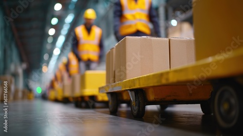 Workers Transporting Boxes in Warehouse with Safety Gear