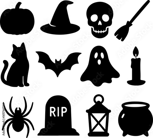 Halloween icons set with pumpkin ghost bat and witch vector illustrations