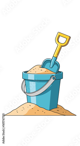 A blue bucket filled with sand and a yellow shovel stuck in it