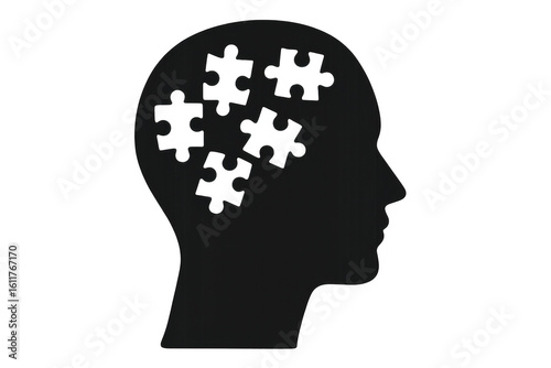 Puzzle pieces completing human head silhouette with transparent background