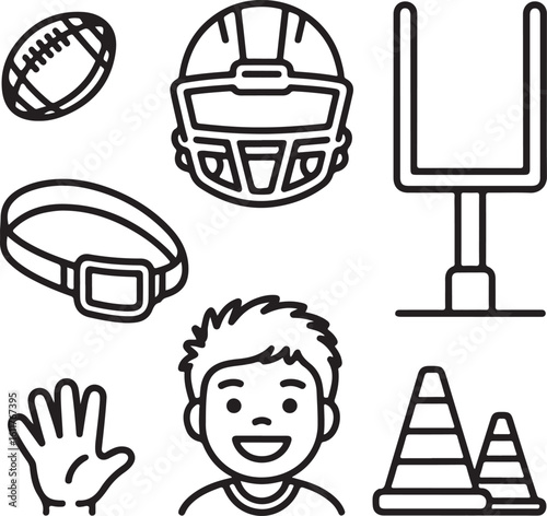 American Football Kids & Youth League Icons Small Ball, Youth Helmet, Flag Football Belt, Mini Goalpost, Smiling Kid Player, Practice Drill Cones