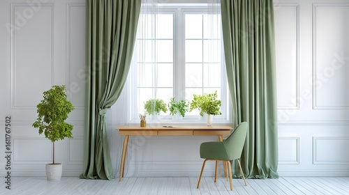 A tranquil home office space with sage green curtains.