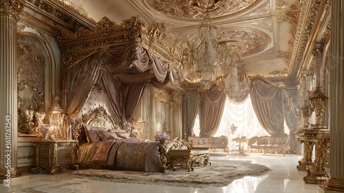 A grand bedroom with a gold canopy bed, sparkling chandelier, and ornate decor creates a luxurious and royal atmosphere