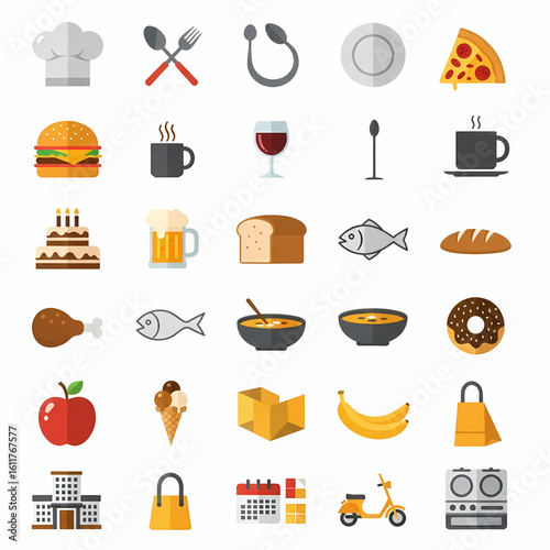 A collection of flat-design food and restaurant icons, representing various culinary items.