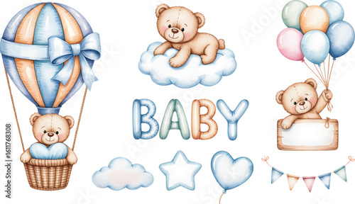 Baby boy clipart set with teddy, balloon and cloud watercolor Illustration. Nursery Baby Shower Elements.