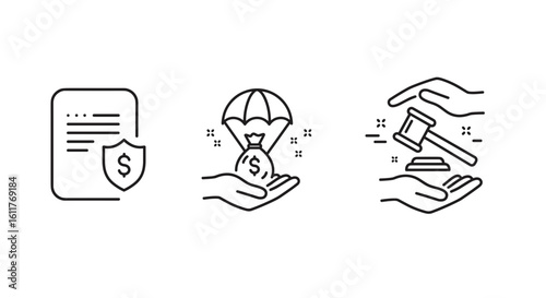 Financial icons depicting investment, money transfer, and law  