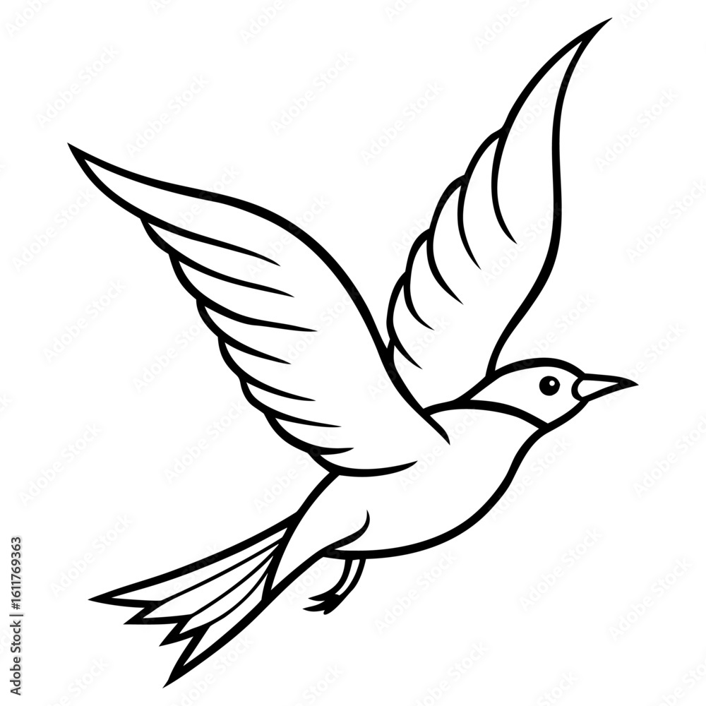 Fototapeta premium A black and white vector illustration of a bird in flight, symbolizing peace and freedom, isolated on white background