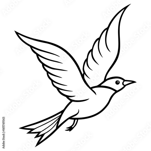 A black and white vector illustration of a bird in flight, symbolizing peace and freedom, isolated on white background