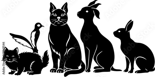 Vector  silhouette of a kitten, bird, cat, dog, and rabbit sitting in a row against a white background design