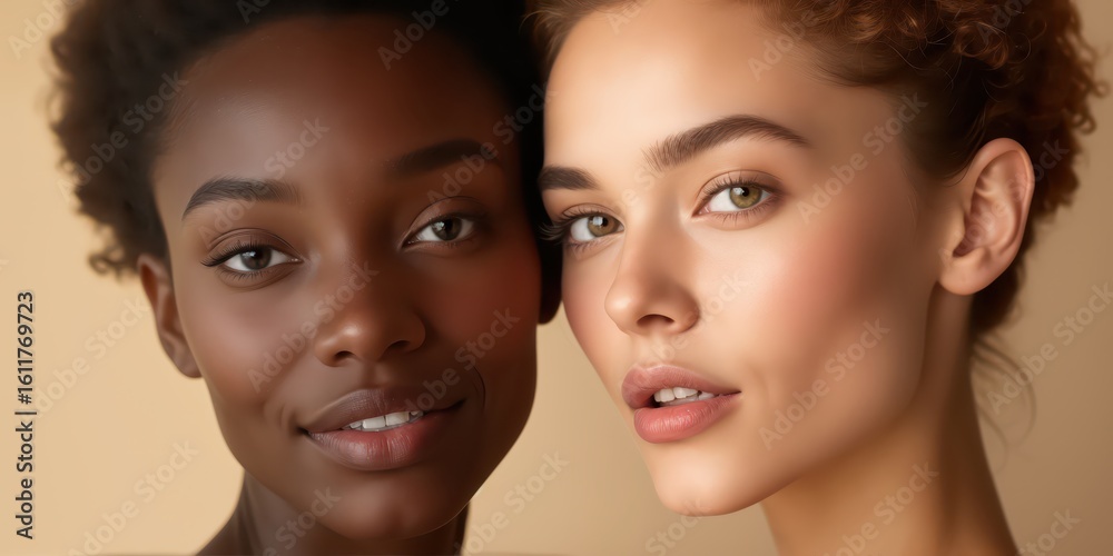 Fototapeta premium Two beautiful women with different skin tones showcasing natural beauty and diversity