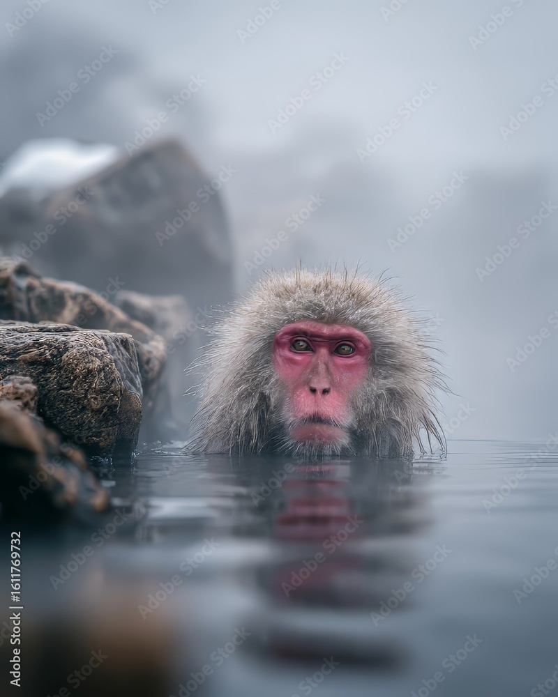 Naklejka premium Japanese Snow Monkey Relaxing in Hot Spring Surrounded by Snow and Steam – Serene Winter Wildlife Scene