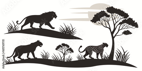 Vector  silhouette of lion, panther, and leopard in african savanna landscape with trees and grass under moonlight