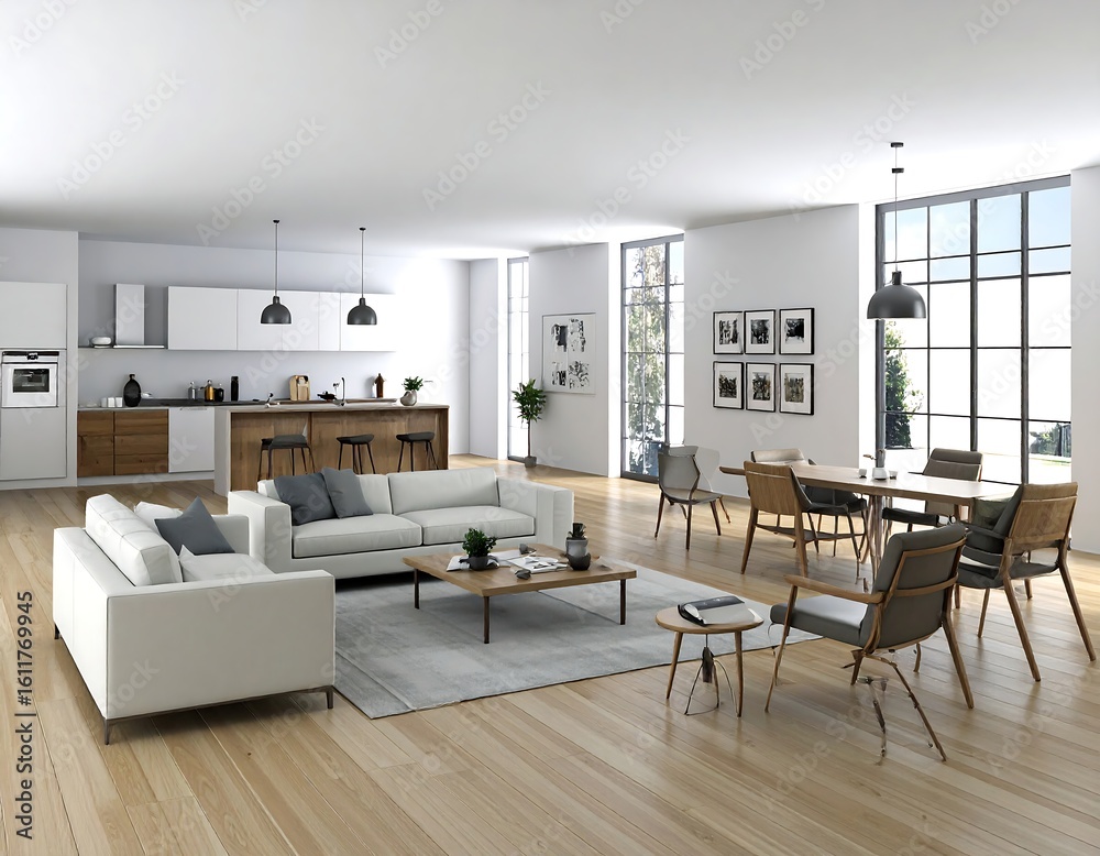 Fototapeta premium Modern open-plan kitchen and living area