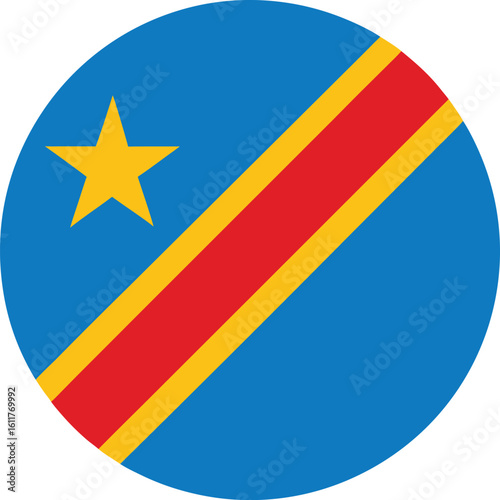 circular dr congo national flag icon with blue red yellow diagonal stripes