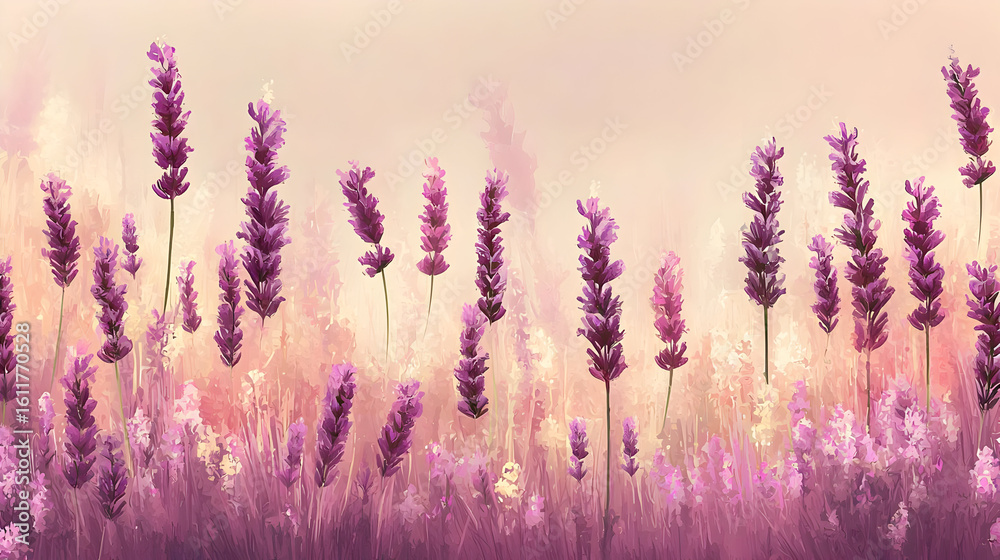 Fototapeta premium Lavender field in soft pastel hues. Delicate, artistic portrayal of lavender plants in a sunlit meadow, with a gentle color gradient