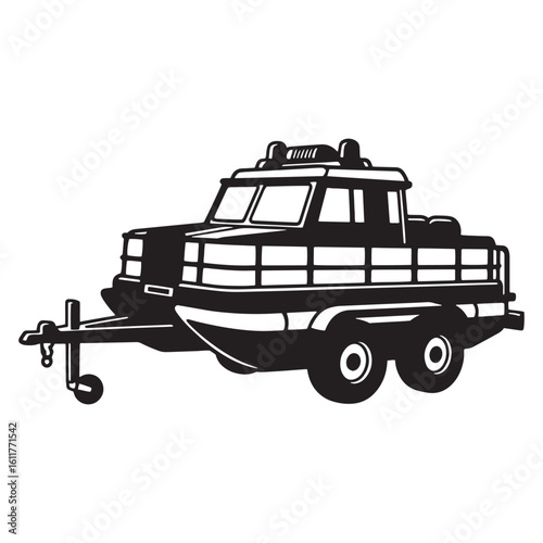 Black and white illustration of a pontoon boat on a trailer ready for transport.