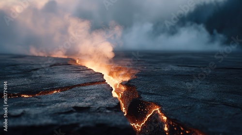 Molten lava glowing within  dark volcanic fissure emitting steam volcano