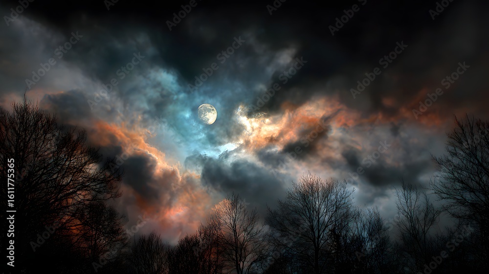 Fototapeta premium Dramatic moonlit sky with clouds and trees.