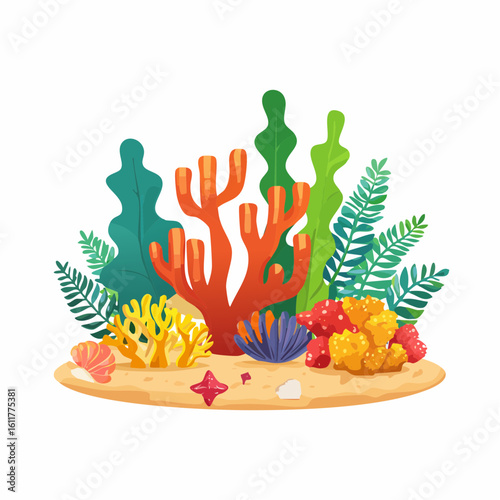 Vibrant Coral Reef Ecosystem Cartoon Illustration with Marine Life and Sandy Seabed