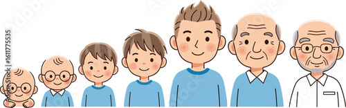 Stages of life shown through smiling people from baby to elder