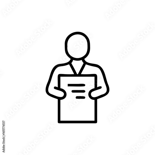 Outline icon person holding document with horizontal lines paper