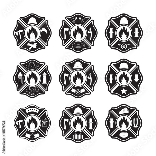Monochrome Firefighting Labels icon Set vector illustration on white background