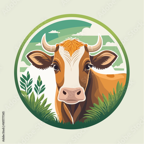 Cute illustration of a happy dairy cow in a green pasture within a circular frame