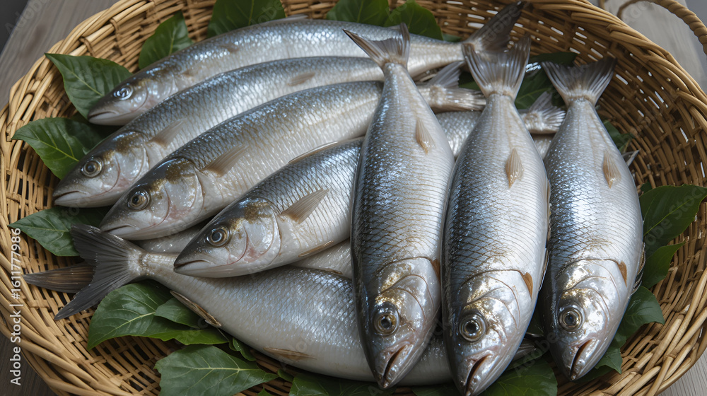 Fototapeta premium Arrangement of Fresh Silver Fish Displayed on Natural Woven Basket with Green Leaf