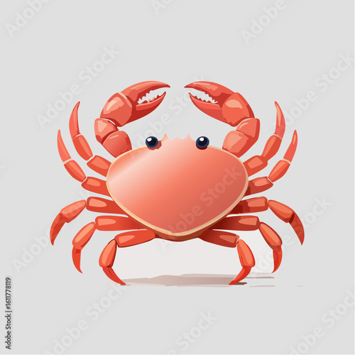 Cartoon illustration of an orange crab against a light gray background surface