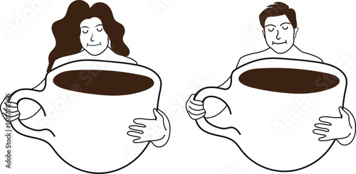 set of icons of people with large cups of coffee in line art style