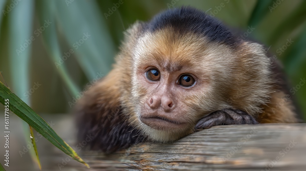 Fototapeta premium Curious Capuchin Monkey Close-Up on Log with Tropical Background