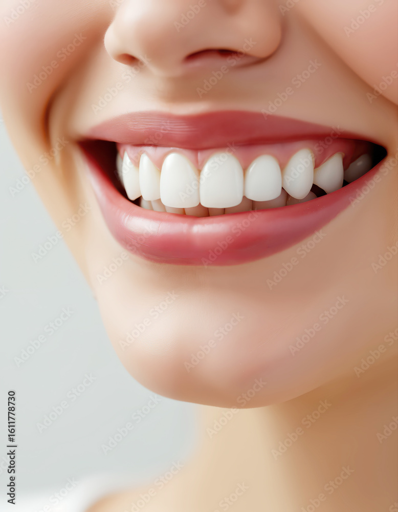 Obraz premium Beautiful woman smile with perfect white teeth and healthy pink lips - dental care concept