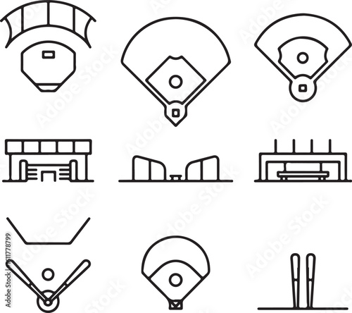 Baseball Field Details Icons Pitcher's Mound, Home Plate, Base Paths, Outfield Fence, Dugout Stairs, Bullpen Bench, Batting Circle, Foul Poles
