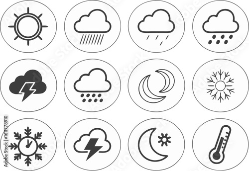 Set of twelve simple black and white weather icons in circular frames collection