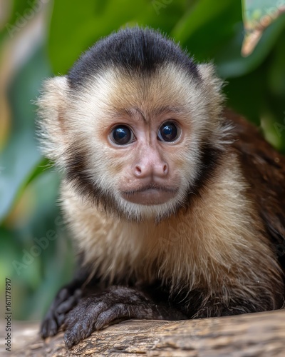 Curious Capuchin Monkey Close-Up on Log with Tropical Background