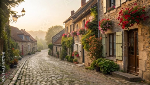 Charming cobblestone street in quaint village with blooming flowers