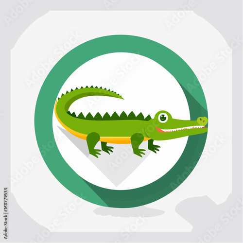 Cute Alligator Cartoon Illustration in Green Circle Frame, Playful Wildlife Symbol