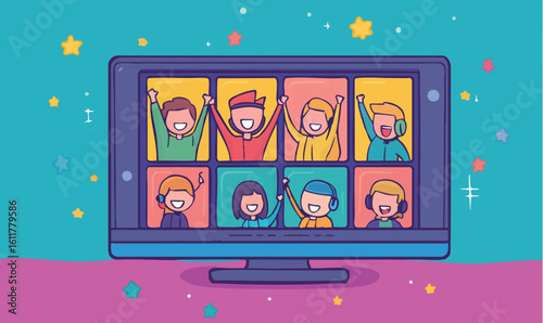 Happy diverse team celebrating virtual collaboration success on screen in bright, playful workspace