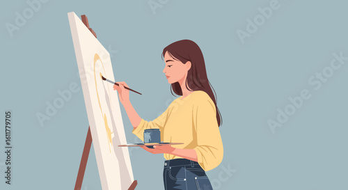 Brunette artist painting on canvas with brush and palette wearing yellow shirt and jeans.